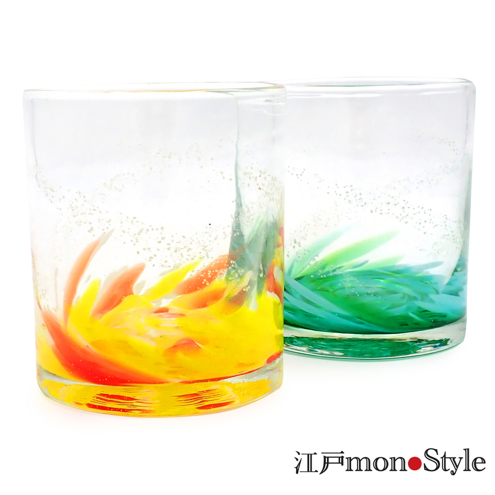 琉球ガラス ロックグラス海蛍 オレンジと緑のペア