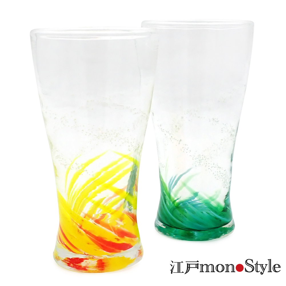 琉球ガラス トールグラス海蛍 オレンジと緑のペア